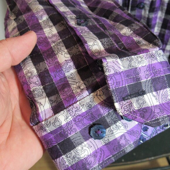 Au Noir Limited Edition Purple Plaid Floral Flip Cuffs Mens Shirt XL or Size 6 - Picture 7 of 12